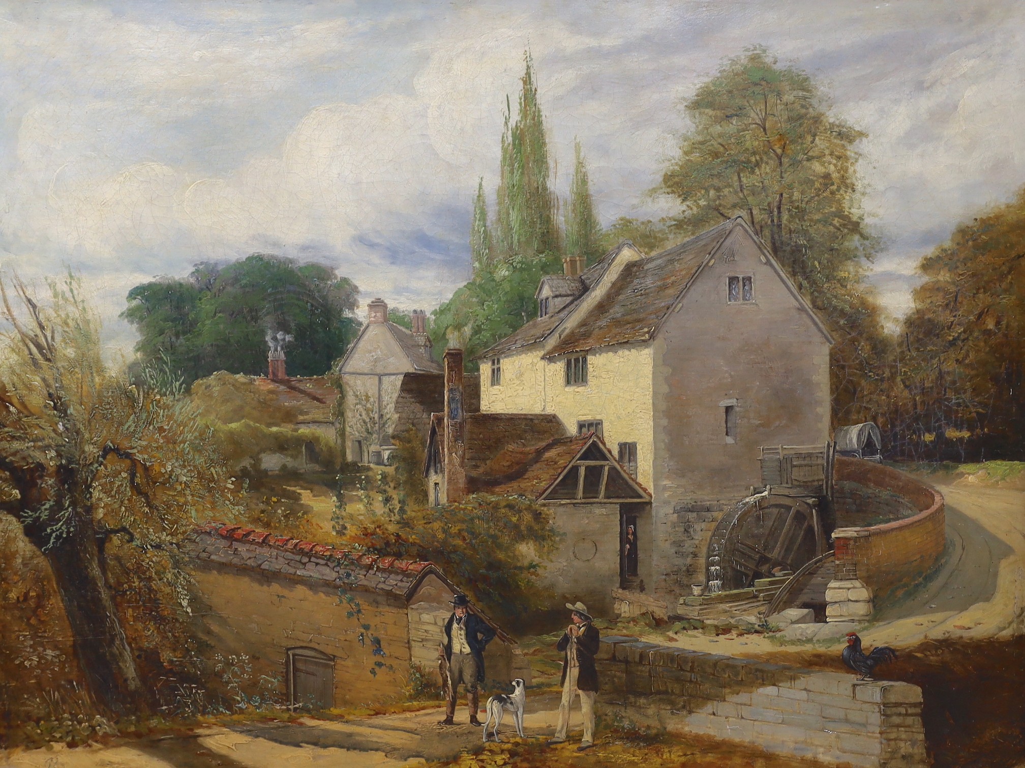 Victorian School, oil on canvas, Gentlemen beside a watermill, 58 x 75cm